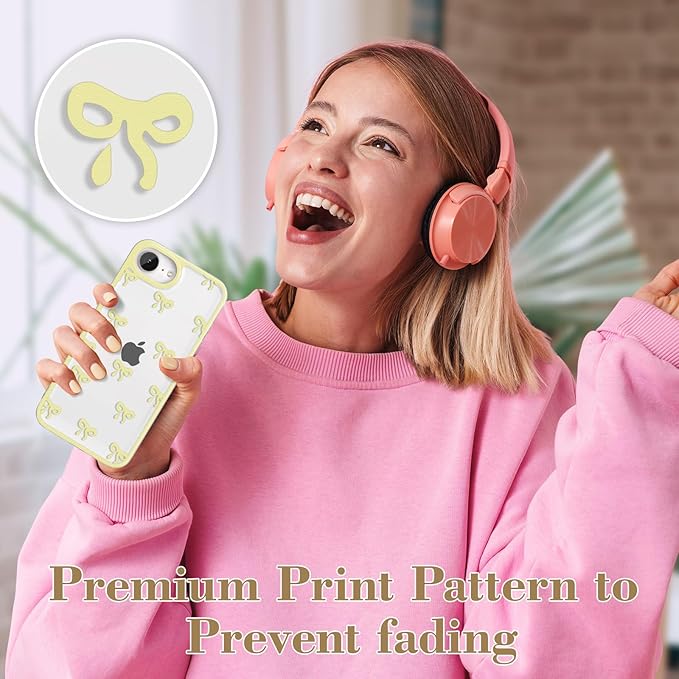 EYZUTAK Case for iPhone 16e, Clear Cute Ribbon Bowknot Pattern Aesthetic Transparent Phone Case Raised Camera Protection Stylish Slim Soft Durable TPU Protective Cover for Women Girls - Yellow