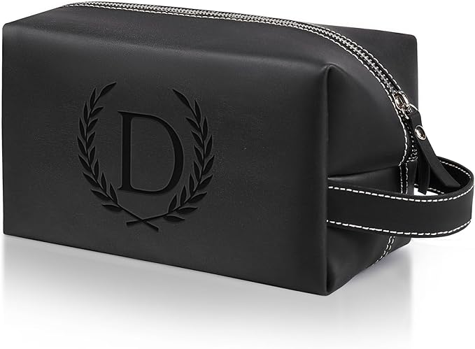 Personalized Gifts Travel Toiletry Bag for Men Engraved Initial PU Leather Waterproof Shaving Bag for Toiletries Accessories Fathers Day Birthday Gift for Men Dad Husband Son, Black D