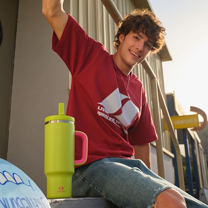 40 oz Tumbler with Handle and Straw: Stainless Steel Insulated Tumbler Keeps Cold for 24 Hours, Leakproof Travel Cup Fits in Cup Holder and BPA-Free, Acid Green