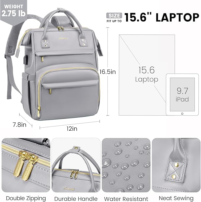 LOVEVOOK Leather Laptop Backpack for Women 15.6 inch,Travel Backpack Purse Nurse Teacher Backpack Computer Laptop Bag,Professional College Business Work Carry On Backpack with USB Port,Elephant Grey
