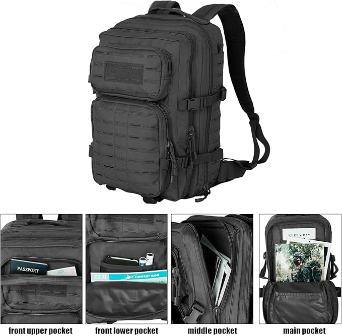 40L Tactical Backpack, Camouflage Military Bug Out Bag, Durable MOLLE Hiking Camping Gear (BLACK)