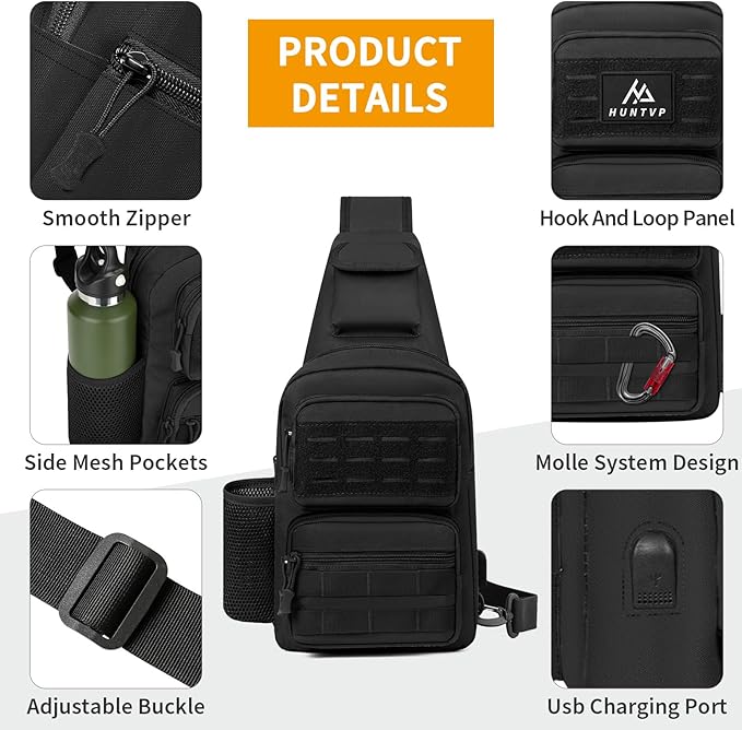 HUNTVP Tactical Sling Bag Crossbody Bag for Men Women EDC Shoulder Bags Molle Sling Backpack Chest Pack for Hiking Hunting Travelling Camping (Type3-Black)