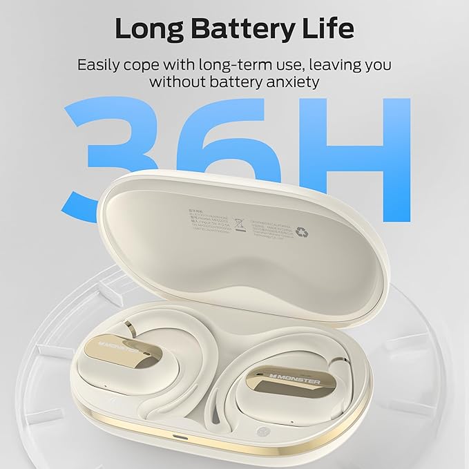 Monster Open Ear AC322, Bluetooth 5.4 Headset, 36H Battery Life, IPX5 Waterproof, Clear Communication, Ergonomic Design, Ear Angle Adjustable, Not Easy to Fall Off Wireless Bluetooth Headset.