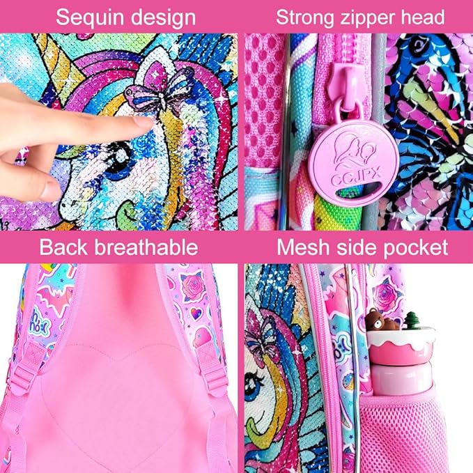 3PCS Unicorn Backpack for Girls, 16" Kids Bookbag with Lunch Box，Sequins School Bags for Elementary Preschool Kindergarten (Pink)