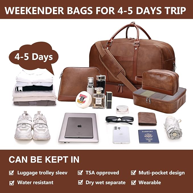 4PCS Duffle Bag for Travel, Weekender Overnight Bag for Women & Men, Large Leather Duffel Carry On with Shoe Compartment, Gym Sports Bag (Brown)
