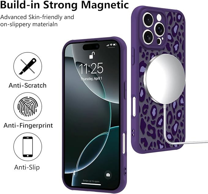 KANGHAR Case for iPhone 16 Pro Max Purple Leopard Printed Pattern Cute Cheetah [Compatible with Magsafe] Protective Magnetic Case for Girls Women 6.9"