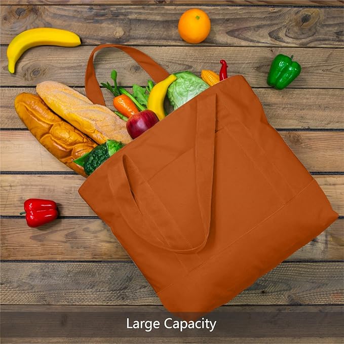 TOPDesign 1-Pack Canvas Tote Bags with an External Pocket, Reusable Grocery Shopping Bags, Top Zipper Closure, Daily Essentials (Orange)