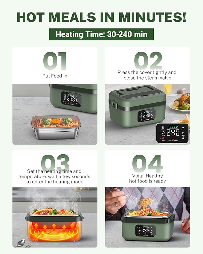 ODSD Cordless Electric Lunch Box for Adults, 16000mAh Rechargeable Self-Heating Lunch Box Food Warmer with Timer & Adjustable Heating, 34oz/1L Container with Insulated Bag for Office Car Outdoor