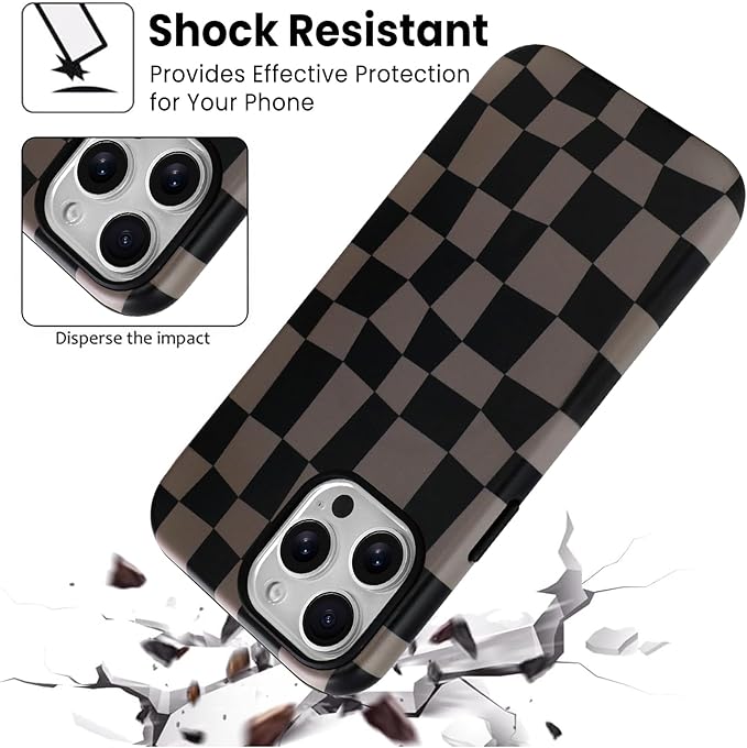 SOKAD Magnetic Checkered Phone Case for iPhone 15 Pro, Cute Grids Plaid Checkerboard Pattern Compatible with Magsafe Matte Protective Case Cover with Screen Protector for Girls Women, Black & Brown