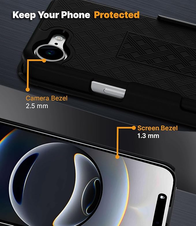 MOTIVE Designed for iPhone 16e Case with Belt Clip, Shell Holster Combo for Apple iPhone 16 e, Slim Rugged Case with Holster, Drop Shockproof Protective Cover & Kickstand 6.1" | Black - 2025