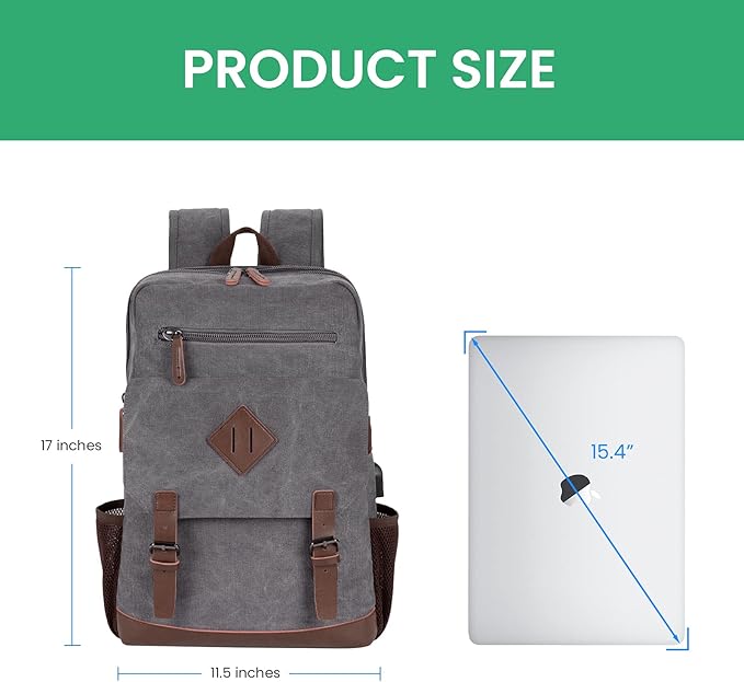 Modoker Vintage Backpack for Men Women, Canvas Bookpack Fits Most 15.6 Inches Computer and Tablets, Rucksack Backpack with USB Charging Port, Grey