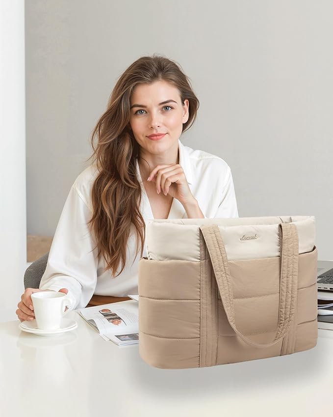 LOVEVOOK Tote Bag for Women, Large Puffer Work Tote Laptop Bag, Lightweight Travel Tote Bag with Zipper Gifts for Women