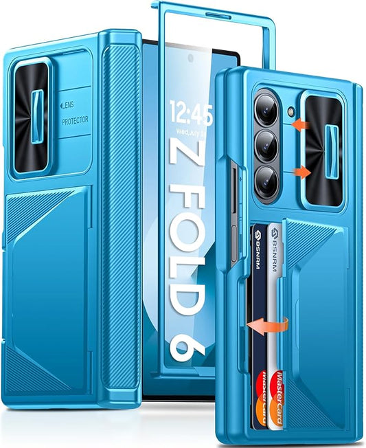 for Samsung Galaxy Z Fold 6 Case with Card Holder, Built in RFID Blocking & Slide Camera Cover & Hinge Protection & Full-Body Rugged Shockproof Wallet Case for Galaxy Z fold 6 (Lake Blue)