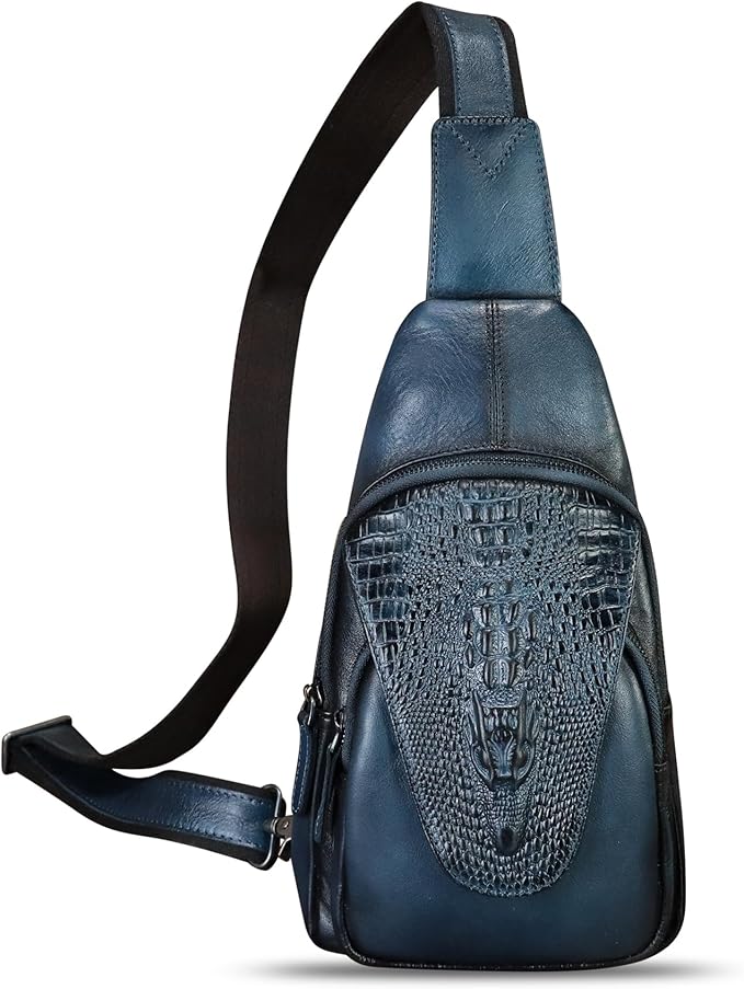 Genuine Leather Sling Bag Embossed Crocodile Pattern Leather Crossbody Sling Backpack Handmade Chest Purse Daypack (Navy Blue)