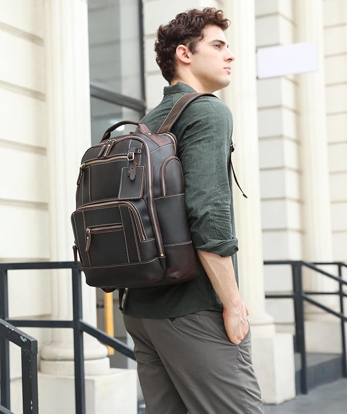 LANNSYNE Vintage Genuine Leather Backpack for men, 15.6" Laptop Backpack Travel Camping 24L Rucksack