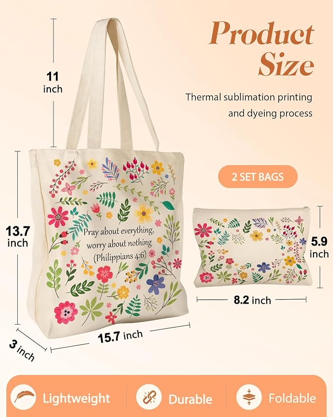2 Pack Canvas Tote Bag - with Makeup Pouch Aesthetic Cute Women Reusable Canvas Bag for Shopping, Work, Travel