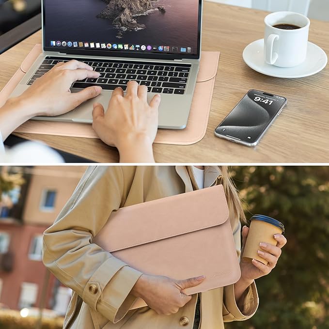 Allinside 13 Inch Laptop Sleeve Case for MacBook Air 13 2018-2025/MacBook Pro 13 2016-2022/Macbook Pro 14 2021-2024, Waterproof PU Leather Horizontal Envelope Protective Case Cover, Flesh Pink