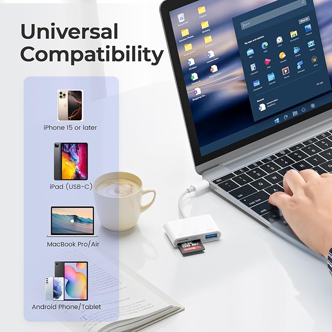 3-in-1 USB C Card Reader, SD/microSD/TF Memory Card Adapter, Compatible for Phone 15/16 Pro, Android, Pad, MacBook, Laptop