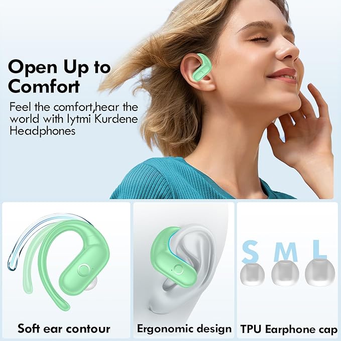 kurdene Wireless Earbuds Bluetooth Headphones Sport,Over Ear Buds with Deep Bass Sound,60Hrs Playtime Earphones Redesigned Comfort Fit with Earhooks for Running,Meeting,Workout-Mint Green