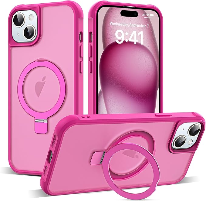 Compatible with iPhone 15 Case with Invisible Magnetic O-Ring Stand Military-Grade Translucent Case for iPhone 15 6.1" [Compatible with Mag-Safe][Great Grip Feeling], Rose