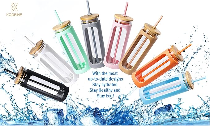 Kodrine 20oz Glass Water Tumbler with Straw and Lid, Bamboo Lids Water Bottle, Iced Coffee Cup Reusable, Wide Mouth Smoothie Cups with Protective Silicone Sleeve BPA FREE-Orange