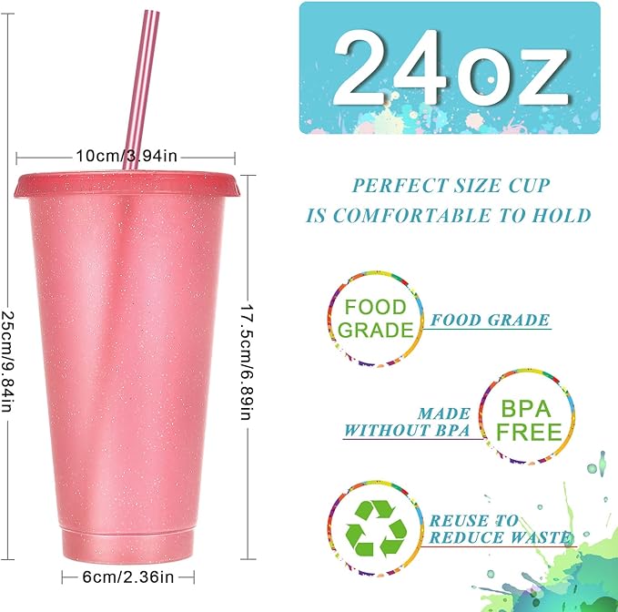 Honeydak 15 Pack Tumbler with Straw and Lid Bulk Glitter Plastic Cups Water Bottle Iced Coffee Travel Mug Reusable Party Favor Cups for Birthdays travel 24-27 oz (Bright Colors)