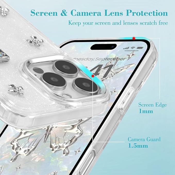 EYZUTAK Case for iPhone Air, Bling Glitter 3D Butterflies Bowknot Phone Case Cute Crystal Clear Bow Aesthetic Cover Slim Soft Durable TPU Transparent Protective Cover for Women Girls - Butterfly