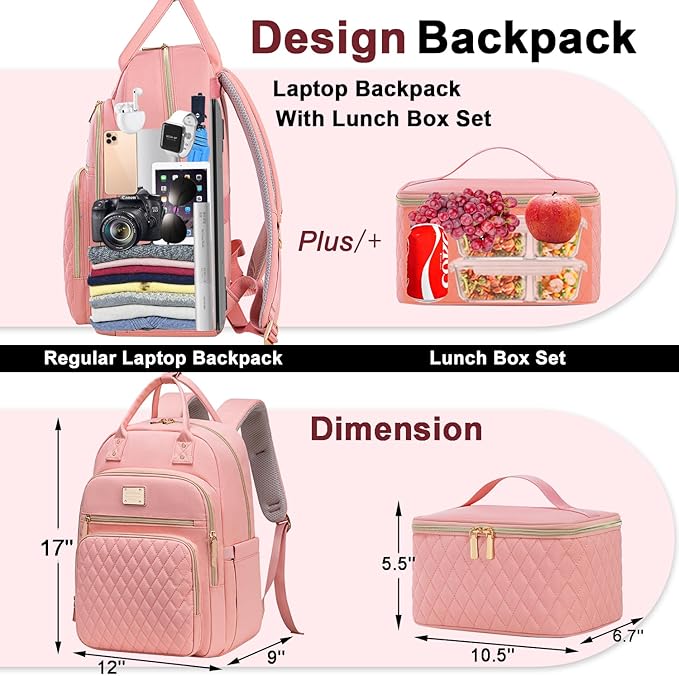 Weitars Lunch Backpack for Women,15.6 Inch Laptop Backpacks Travel Backpack for Women,Work Back pack,Teacher Nurse Back pack Insulated Lunchbox Backpacks