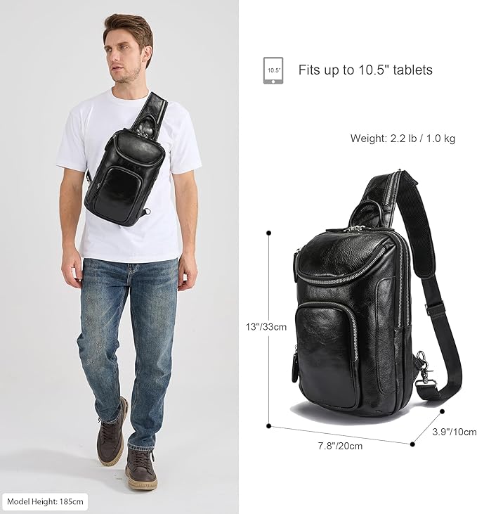 LANNSYNE Vintage Full Grain Leather Sling Bag Crossbody Chest Daypack