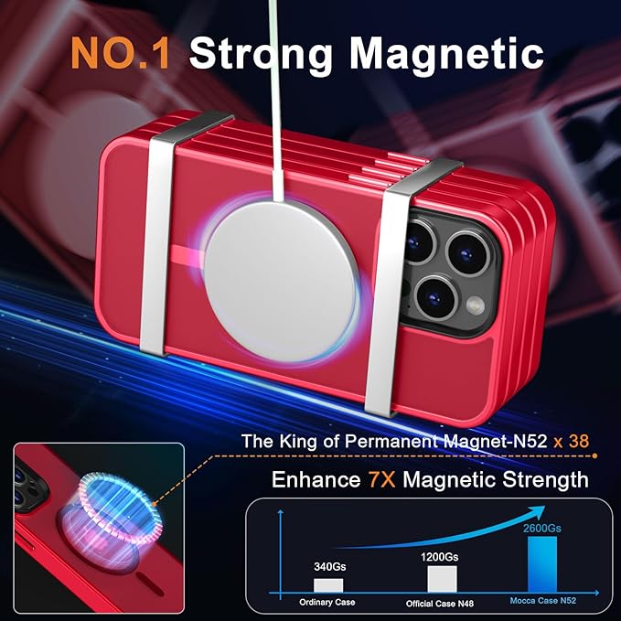 MOCCA Strong Magnetic for iPhone 13 Pro Max Case,[Compatible with Magsafe][Glass Screen Protector+Camera Lens Protector] Slim Thin Shockproof Cover Phone Case for iPhone 13 Pro Max 6.7", Red