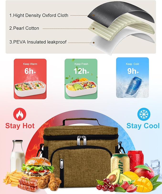 Insulated Lunch Bag for Men & Women - Leakproof Lunch Box Soft Cooler Tote, Adjustable Strap, Reusable Lunch Box for Work Office Picnic Beach Travel-Coffee