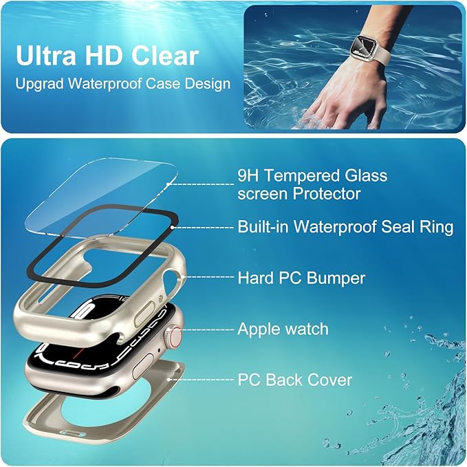 3 in 1 Waterproof Case for Apple Watch Screen Protector 41mm Series 9 8 7 Accessories Built-in Tempered Glass Film,Front and Back PC Hard Bumper 360° Protective Face Cover for iWatch 41mm