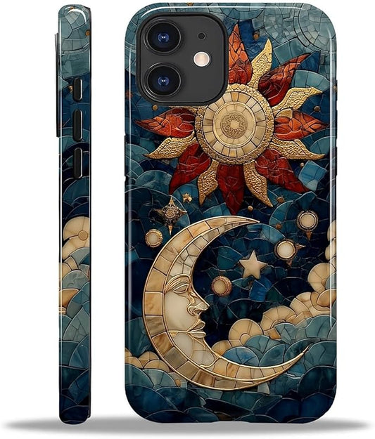 Case for iPhone 11 Case,Sun Moon Stars Faux Stained Glass Design - Hybrid Dual Protection Silicone + Hard PC Shockproof Full Body Cover Slim Anti-Scratch Protective Case for Men Women