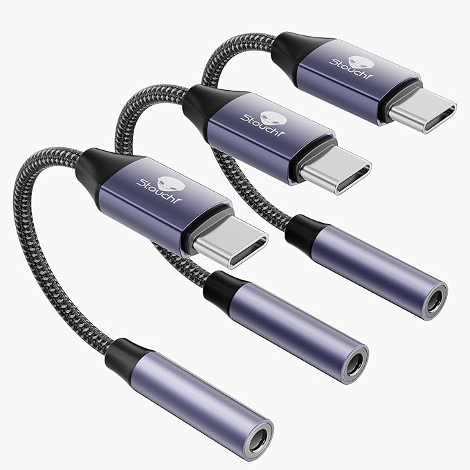 Stouchi USB C to 3.5mm Dongle Adapter (3 Packs) Type C Headphone Audio Jack Cable Cord Hi-Fi DAC Chip for iPhone 15, Pixel 9/8/7/6, iPad, Samsung Galaxy S22 S21 Ultra Z Flip Note20- Grey