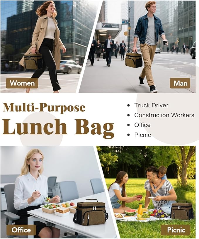 Insulated Lunch Bag for Men & Women - Leakproof Lunch Box Soft Cooler Tote, Adjustable Strap, Reusable Lunch Box for Work Office Picnic Beach Travel-Coffee