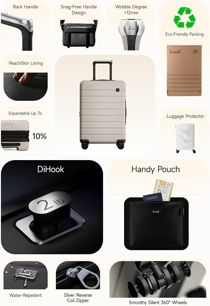 LUGGEX Carry On Luggage with Spinner Wheels - 20 inch Hardshell Suitcases - Accelerate Access with DiHook, Handy Pouch, TSA lock, Black