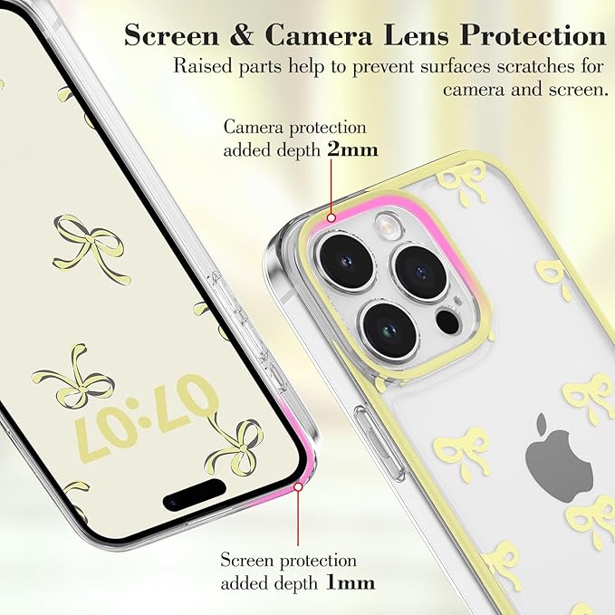 EYZUTAK Case for iPhone 12 Pro Max, Clear Cute Ribbon Bowknot Pattern Aesthetic Transparent Phone Case Raised Camera Protection Stylish Slim Soft Durable TPU Protective Cover for Women Girls - Yellow