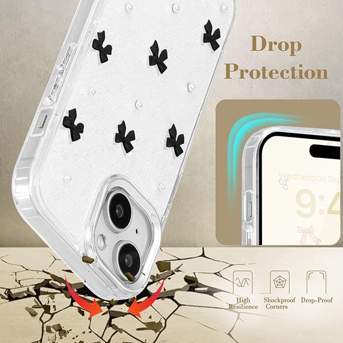 EYZUTAK Case for iPhone 15, Bling Glitter 3D Bowknot Phone Case Cute Sparkly Crystal Clear Bow Aesthetic Design Case Slim Soft Durable TPU Transparent Protective Cover for Women Girl - Black Bow