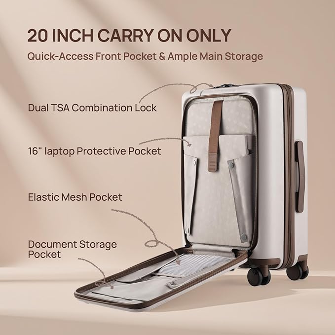 NINETYGO Medium Checked Luggage 25 Inch, Flat Top Opening Checking In Luggage with Cup Holder, Expandable, Coffee-Infused PC Hard Shell, Eco-Friendly, TSA Lock, 360° Spinner Wheels (Oats White)