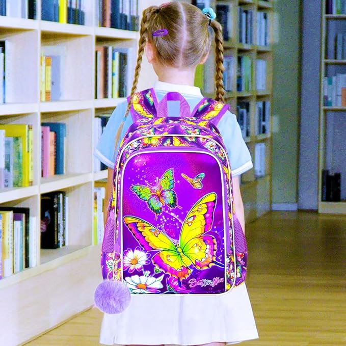 3Pcs Butterfly Backpack for Girls, 16" Kids Bookbag with Lunch Box，School Backpacks for Elementary Preschool Kindergarten (Purple)