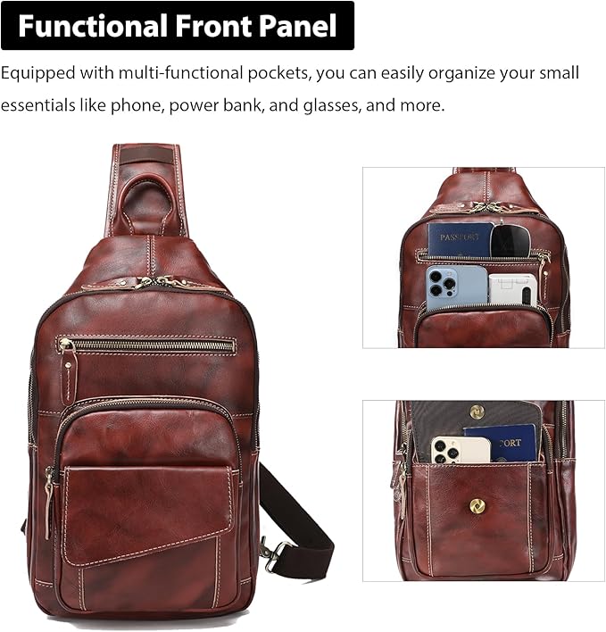 LANNSYNE Full Grain Leather Casual Sling Bag For Men Hiking/Travel/Business Crossbody Chest Bag Fits 12.9" iPad