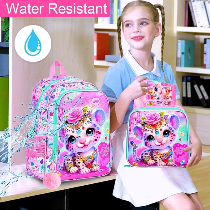 3Pcs Backpack for Girls, 16" Leopard Kids Bookbag for Elementary Preschool Kindergarten, School Backpacks with Lunch Box(Pink)