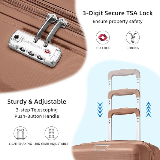 LARVENDER Luggage Sets 3 Piece, Hardside PP Carry On Suitcase with 360° Spinner Wheels TSA Lock Luggage Sets for Women, Mocha