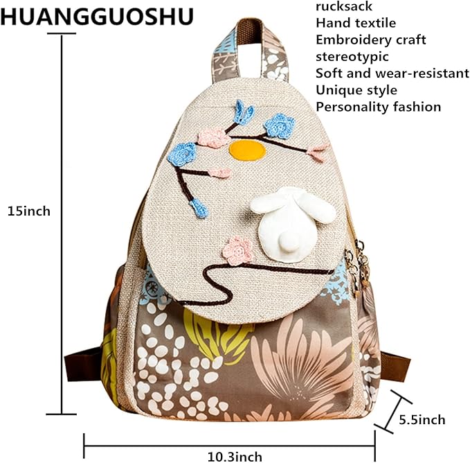 HUANGGUOSHU Women Cotton Woven Bohemian Hemp Boho Canvas Embroidery Multi Pocket Retro Cute Backpack Wallet Backpack White rabbit