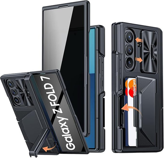 for Samsung Galaxy Z Fold 7 Case with Card Holder RFID Blocking & Privacy Screen Protector & Slide Lens Cover & Hinge Protection & Kickstand, Shockproof Wallet Case for Z Fold 7 (Black)