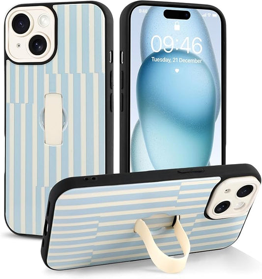 Compatible with iPhone 15 Case with Finger Hand Strap Kickstand, Trendy Cool Striped Phone Case for Women Men, Full Camera Protection Shockproof Protective Cover, White and Blue Stripes