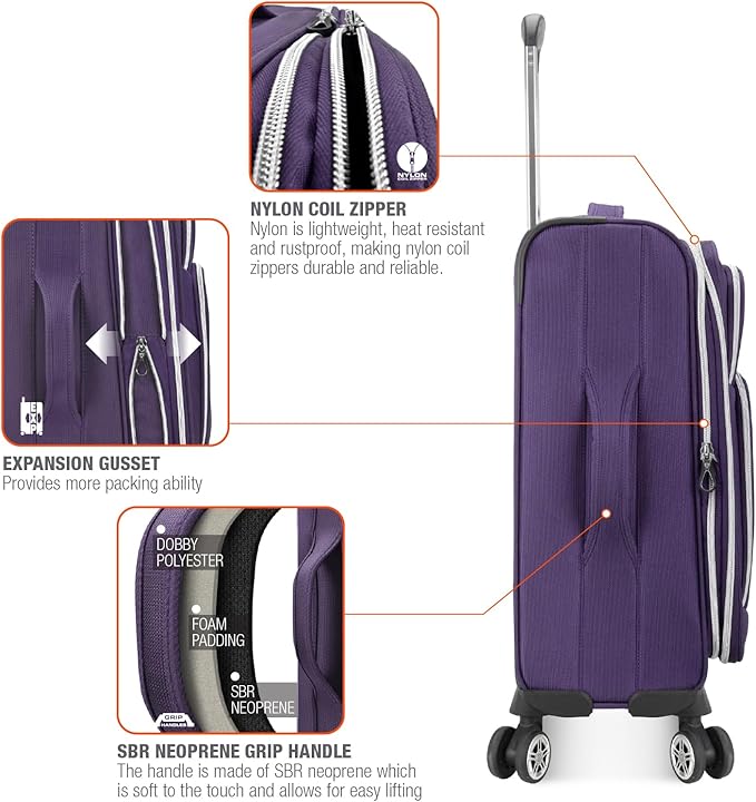 Traveler's Choice Lares Softside Expandable Luggage with Spinner Wheels, Purple, 3 Piece Luggage Set
