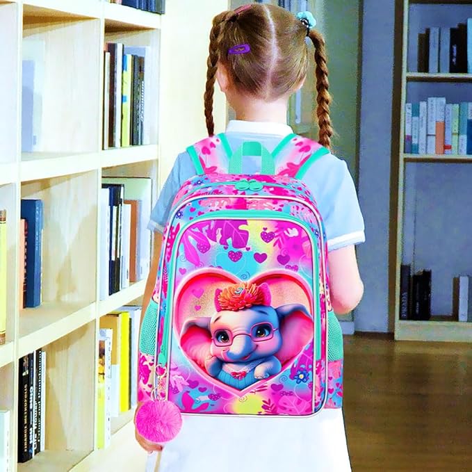 16" Girls Backpack, 3Pcs Elephant School Bookbag with Lunch Box, Kids Backpacks for Elementary Preschool Kindergarten(Pink)