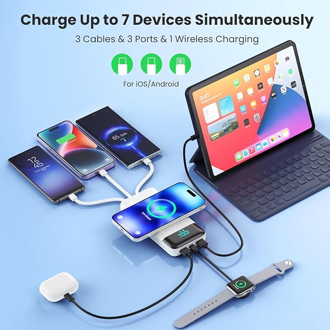 Wireless Portable Charger 40800mAh with 3 Built-in Cables,7-in-1 15W Wireless Charging Power Bank,25W PD QC 4.0 Fast Charging USB C LCD Display Battery Pack for iPhone 16/15/13,Samsung,Android-White
