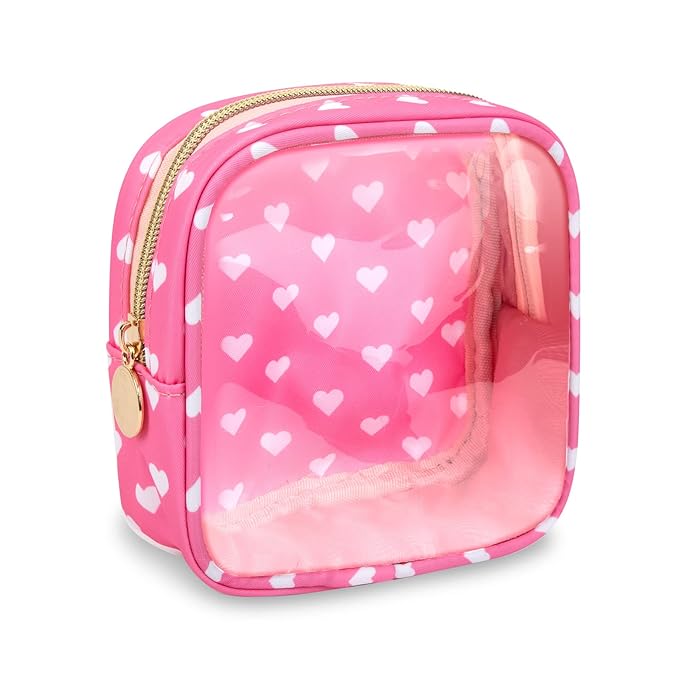 Clear Mini Makeup Bag for Purse, Small Nylon&PVC Cosmetic Travel Bag TSA Approved Toiletry Bag with Zipper, Preppy Transparent Makeup Travel Bag Coin Purse for Women Men Girls(Mini-Pink Heart)